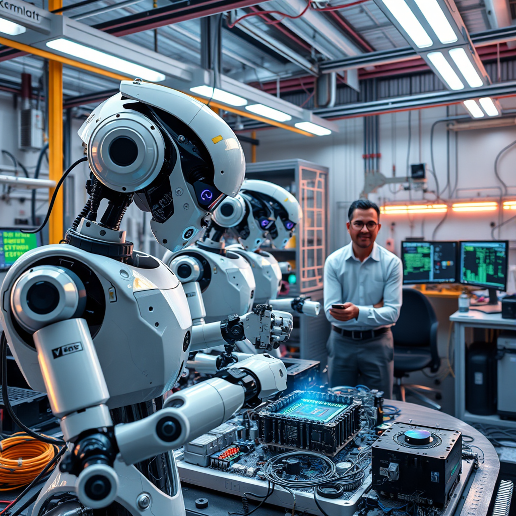 A futuristic lab where AI-powered robots are assembling complex circuits, with developers monitoring progress.