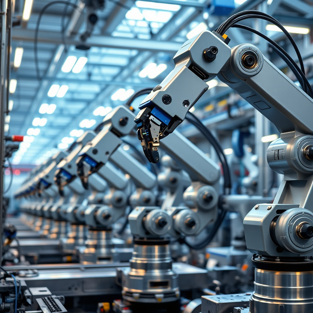 A photorealistic image depicting a series of robotic arms working in perfect synchronicity within a manufacturing facility. The lighting is bright and efficient. The color palette features cool blues and metallic silvers. The camera angle is a wide shot showcasing the scale of the automation. Style is hyperrealistic.