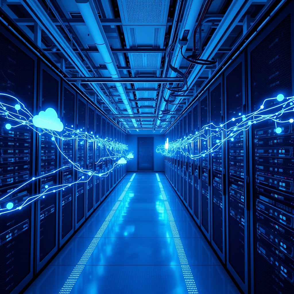A photorealistic image depicting a network of interconnected servers and cloud computing infrastructure. Data flows seamlessly between the nodes, visualized as streams of light. The setting is a futuristic data center with advanced cooling systems. Lighting is cool and ambient, emphasizing the scale and interconnectedness of the network. The color palette is predominantly blue and white. Camera angle is a wide shot, showcasing the vastness and complexity of the infrastructure. Style reference: Realistic visualization of cloud computing infrastructure with a focus on data security and reliability.
