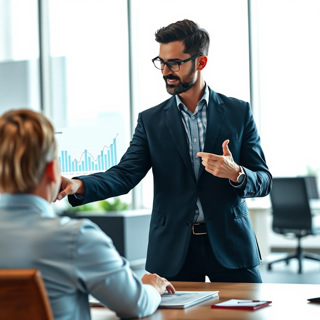 A photorealistic image of a consultant mentoring a client in a modern office setting. The consultant is pointing to a graph illustrating AI performance. The lighting is professional and supportive. The style is realistic and approachable.
