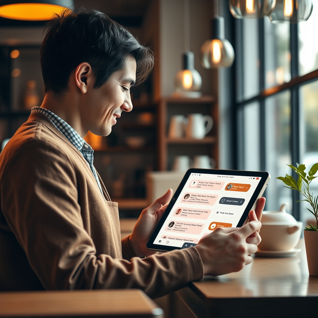 A photorealistic image of a customer interacting with an AI-powered chatbot on a tablet. The chatbot interface is friendly and intuitive. The setting is a modern coffee shop. Lighting is warm and inviting. Style reference: Modern UI/UX design with a focus on human-computer interaction.