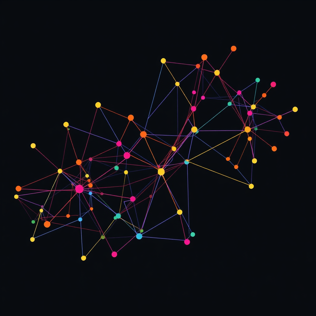 A stylized image of a data visualization with interconnected nodes and lines, forming a complex network. The colors are vibrant and dynamic, representing the flow of information. The background is dark, emphasizing the brightness of the visualization. Style reference: Inspired by the work of data artists like Refik Anadol.